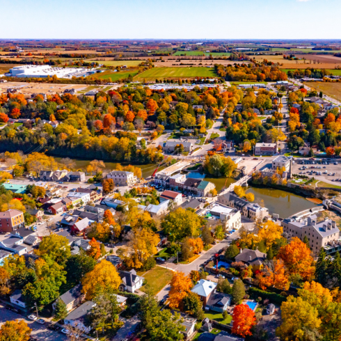 Aerial view of Elora, Ontario in the autumn