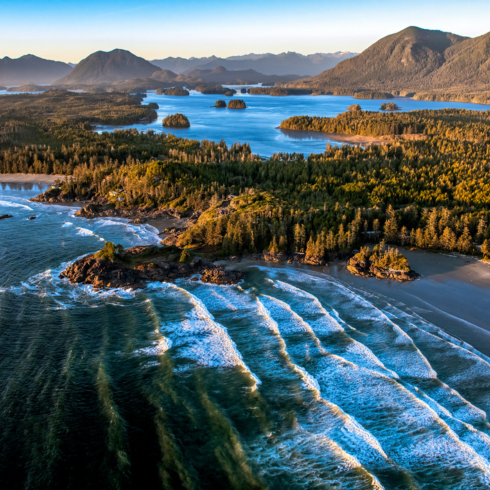 Aerial view of the coast in Tofino, British Columbia