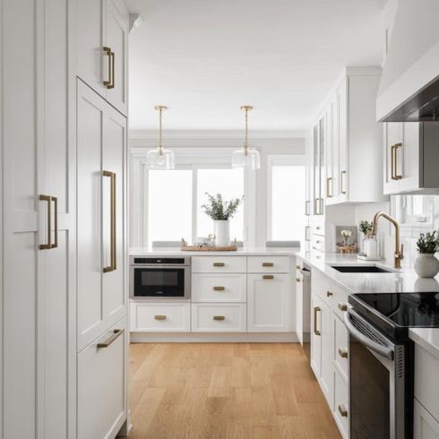 Luxurious white galley kitchen with brass accents