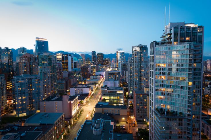 Downtown Vancouver aerial shot at dusk