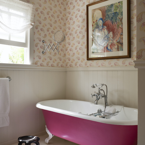 Pink free-standing bath in bathroom with dado wood panelling and Kathryn Ireland Quilt wallpaper in the HGTV Canada gallery Unusual Bathroom Renovation Ideas That Will Be Popular In 2025
