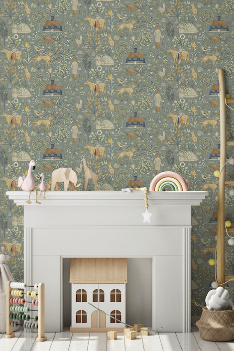 Nursery with a wall covered in The House That Jack Built Wallpaper by Boråstapeter from Finest Wallpaper, a white mantel covered in wooden toys with a white doll house underneath it, a wooden ladder leaning against the wall, and a few wooden toys and baskets sitting on a white wood floor