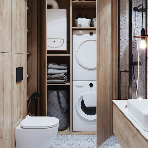 Bathroom interior with useful shelves covering washing machine and dryer