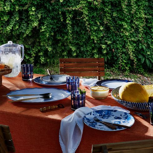 Tableware on outdoor dining table