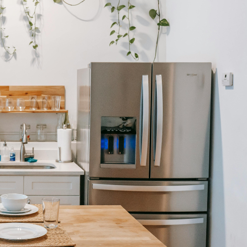 A kitchen with plants and a chrome fridge