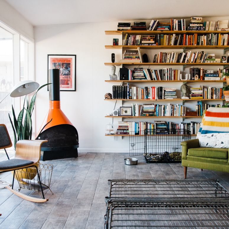 Mid-century modern living room with bookshelves