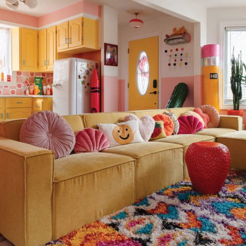 Retro living room with a yellow couch