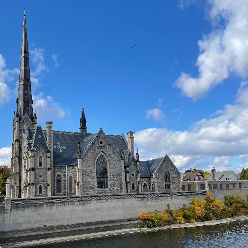 The Central Presbyterian Church on the Grand River in Cambridge, Ontario, Canada