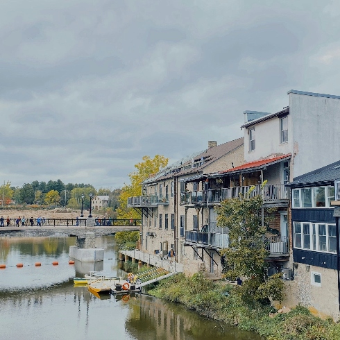 Limestone buildings along the Grand River in Elora, Ontario.