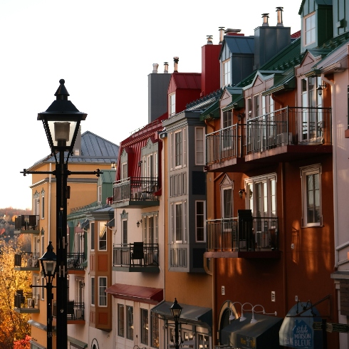 Buildings with French-inspired architecture in Mont Tremblant, Quebec.