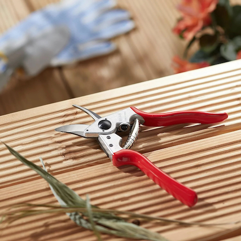 Felco #6 Pruner sits on a bench with a bunch of grass as part of HGTV's 10 Gift Ideas for the Women in Your Life