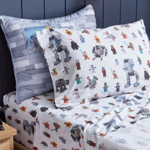 LEGO-themed organic bed sheets for children by retailer Pottery Barn