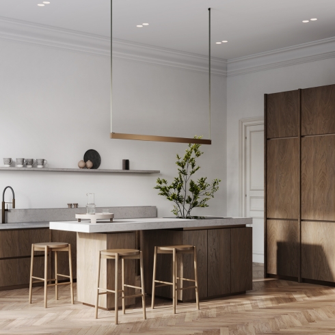 A minimalist, modern kitchen featuring minimalist home appliances